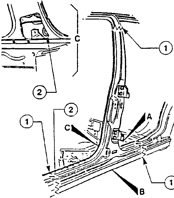 Detailed view of door sill and central pillar with labeled parts