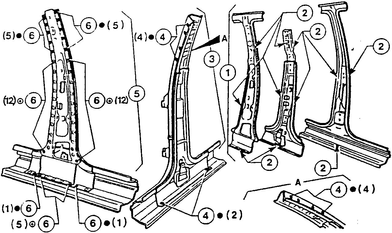 Illustration showing pillar box, reinforcement, and skin with numbered parts