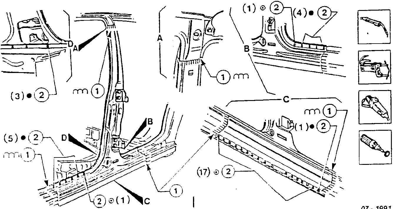 Illustration showing welding and finishing operations with tools