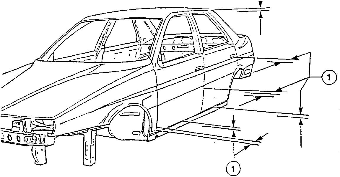 Side view of a car showing measurement lines for parallelism, gaps, and angles at various points on the bodywork.