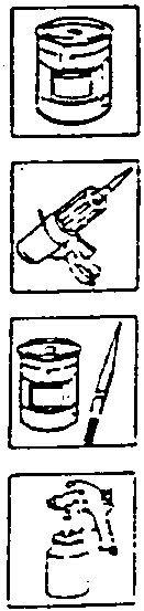 Icons representing tools and materials: a can of paint, a spray gun, a brush, a can with a nozzle, and a sanding block.