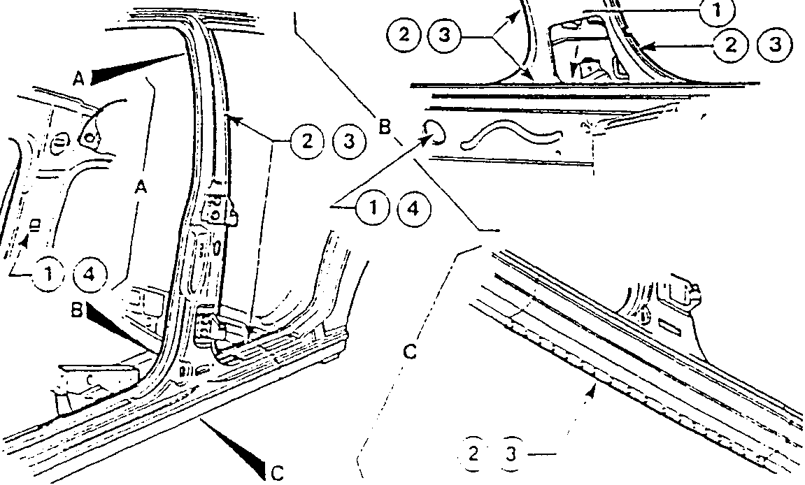 Detailed diagram showing application points for Type A sealant (A, B, C) and Type B rust-proofing (1, 2, 3, 4) on a car door hinge area.