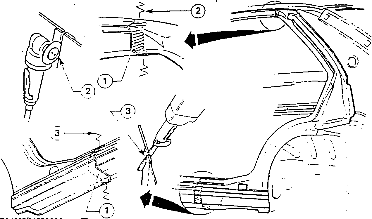 Illustration showing tools and steps for trimming and securing pillar edges with numbered parts 1, 2, and 3.
