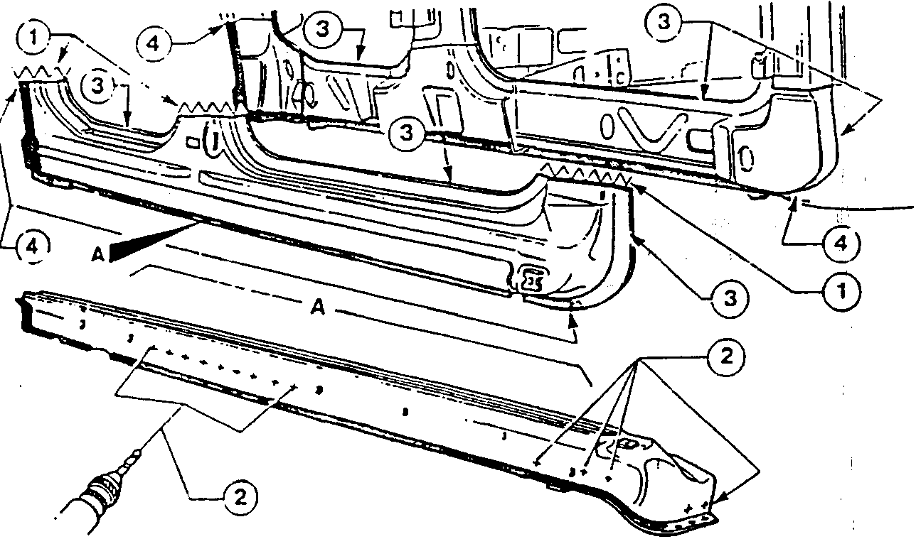 Illustration of door sill installation with numbered parts