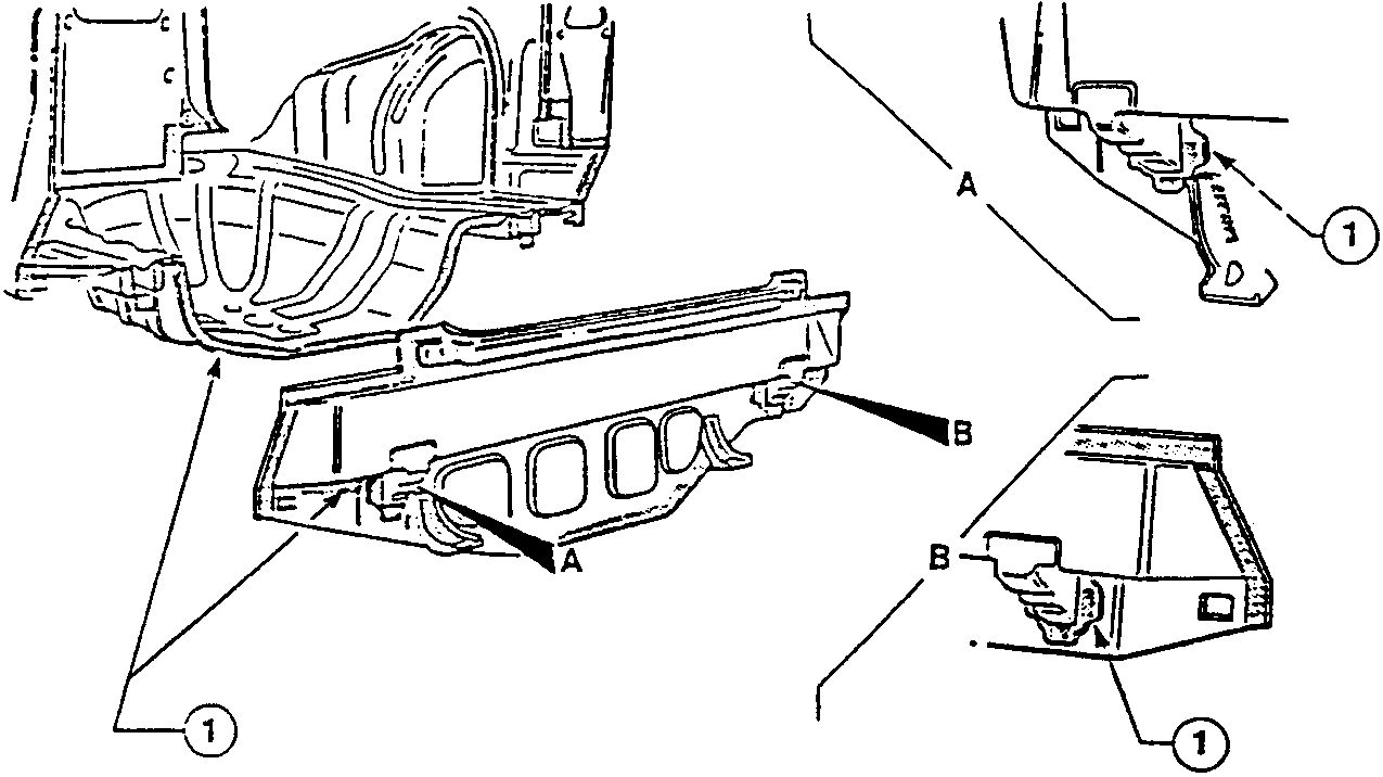 Diagram showing rear trim positioning with parts labeled A and B, and a close-up of a weld area marked 1.