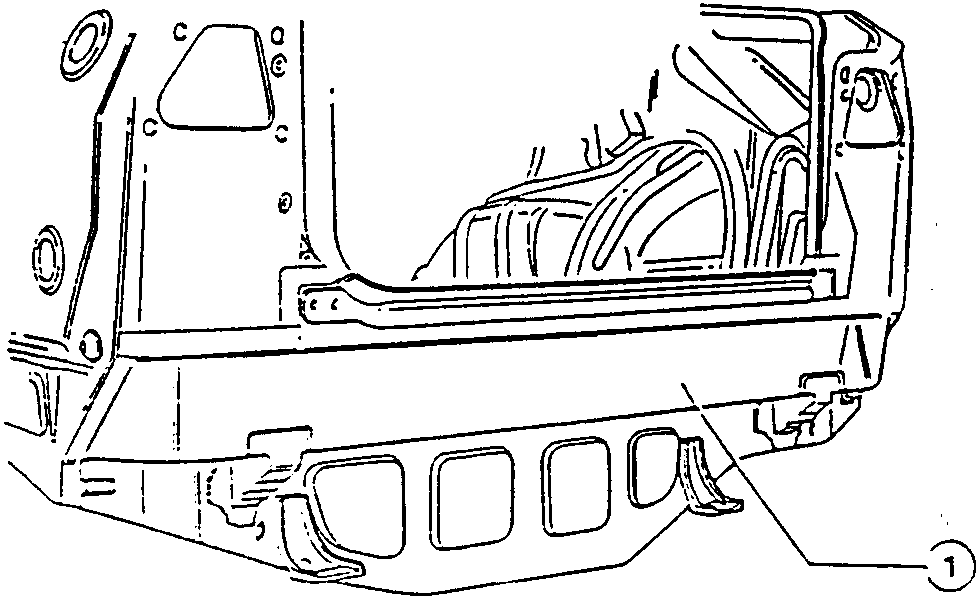 Diagram showing rear trim positioned on the vehicle body with part labeled 1.