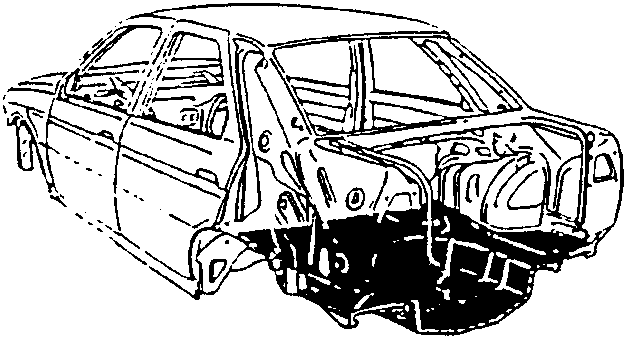 Car body without rear bumper, boot lid, wings, luggage trim, and windscreen