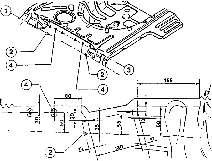 Diagram showing measurements and hole locations on a partial rear floor panel
