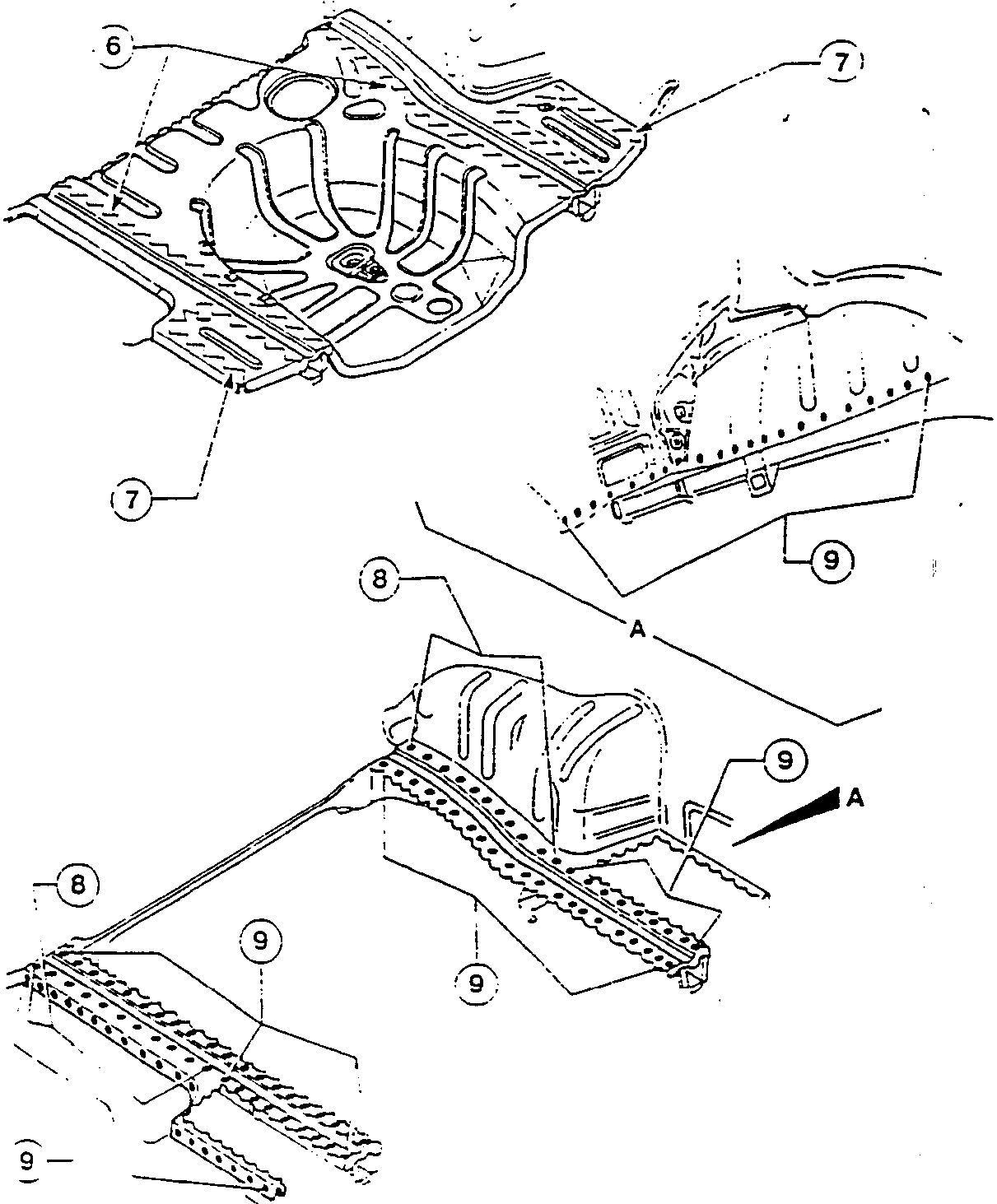 Illustration showing metal parts with cut lines and welds, labeled 6, 7, 8, and 9.