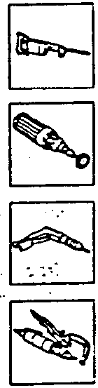 Four small illustrations showing tools: a chisel, a drill bit, a chiseling tool, and a chamfering machine.
