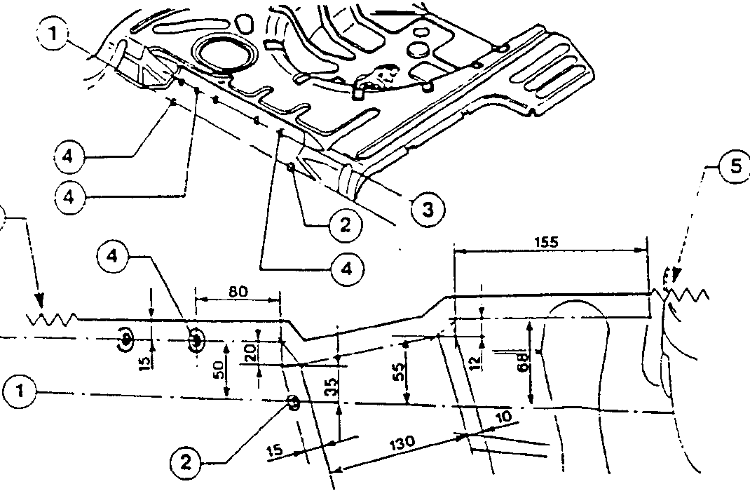 Diagram showing floor layout with marked axes and reference holes, including dimensions like 80, 155, 130, 5.5, 6.8, 20, 35, 15, 5.0, 12, 6.8, 10, 15, and reference points 1, 2, 3, 4, 5, 7, 8.