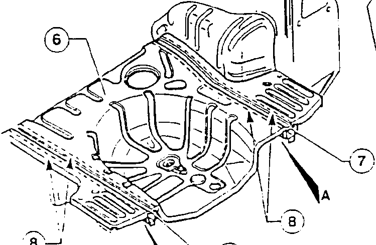 Diagram showing floor panel with reference points 6, 7, 8, and arrows indicating direction of movement or installation.