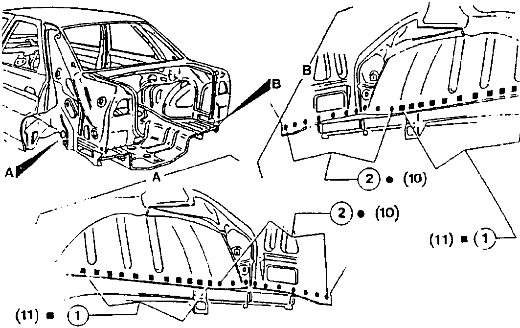 Diagram showing welding points on vehicle body with labeled parts A, B, and numbered callouts (1), (2), (10), and (11).