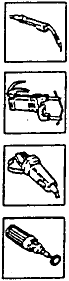 Icons representing tools: rotating brush, spot welder, abrasive grind wheel, and screwdriver.