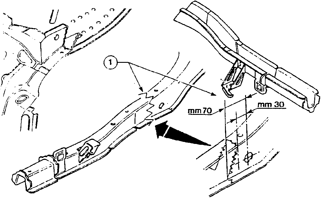 Diagram showing cutting line with measurements mm 70 and mm 30, and arrow indicating cut direction