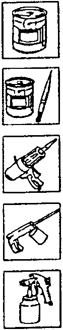 Icons representing tools and materials: a can with a spray nozzle, a can with a brush, a drill, a spray gun, and a spray bottle.