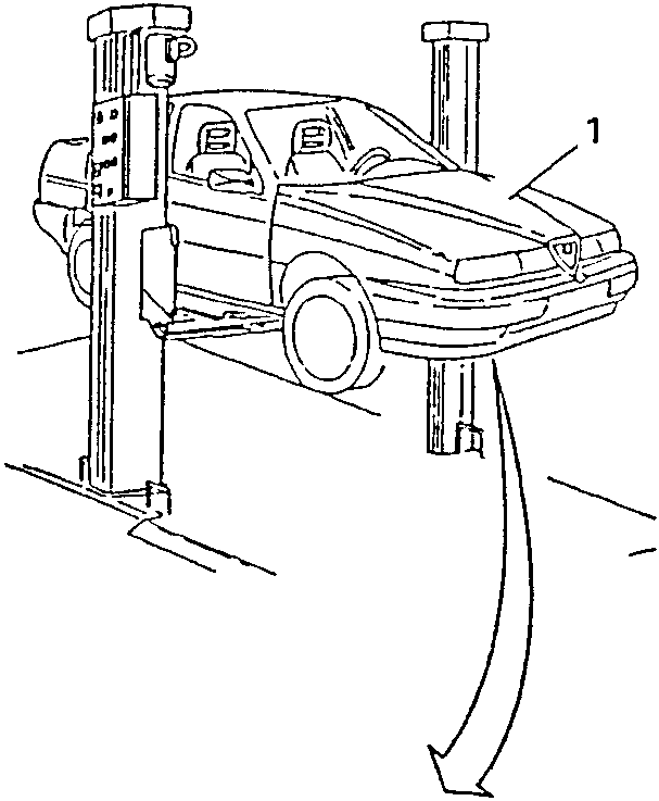 Vehicle raised on a lift with arrow indicating direction of lift movement