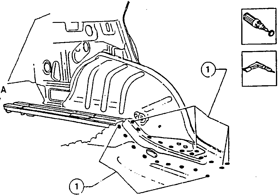 Diagram showing removal of rail section with drill and chisel tools
