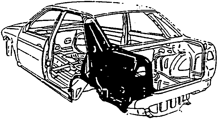 Car with inner side frame exposed, rear door open, showing internal structure