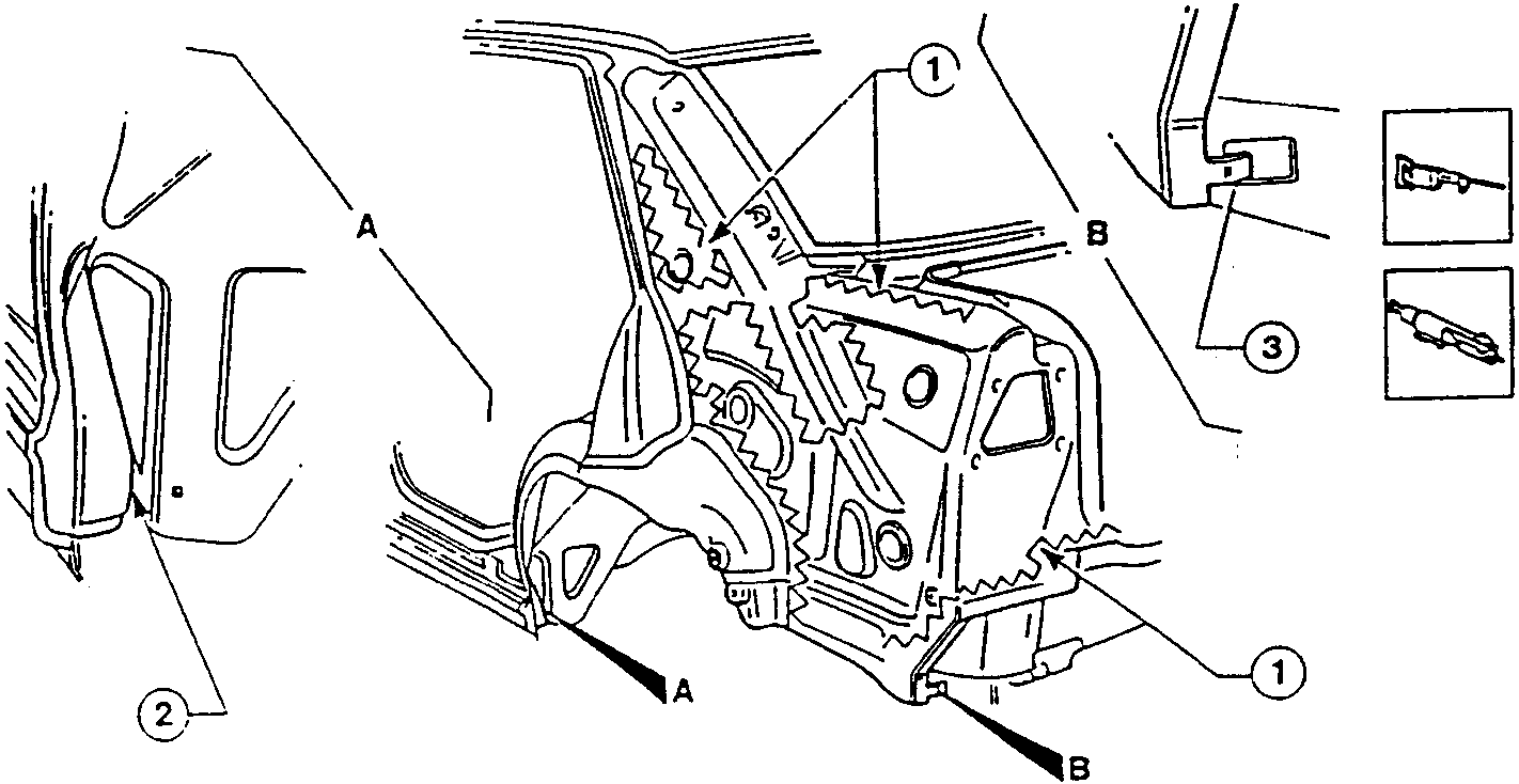 Detailed diagram of inner side frame with labeled parts A, B, and numbered components 1, 2, 3