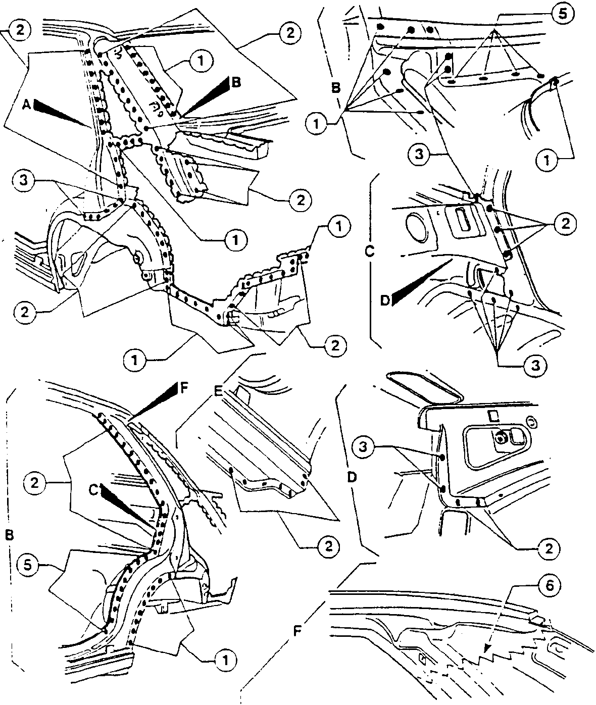 Diagram showing various welding areas with labels A, B, C, D, E, F, 1, 2, 3, 5, 6
