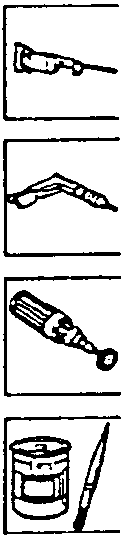 Tool icons including a drill, a brush, a spray can, and a paintbrush.