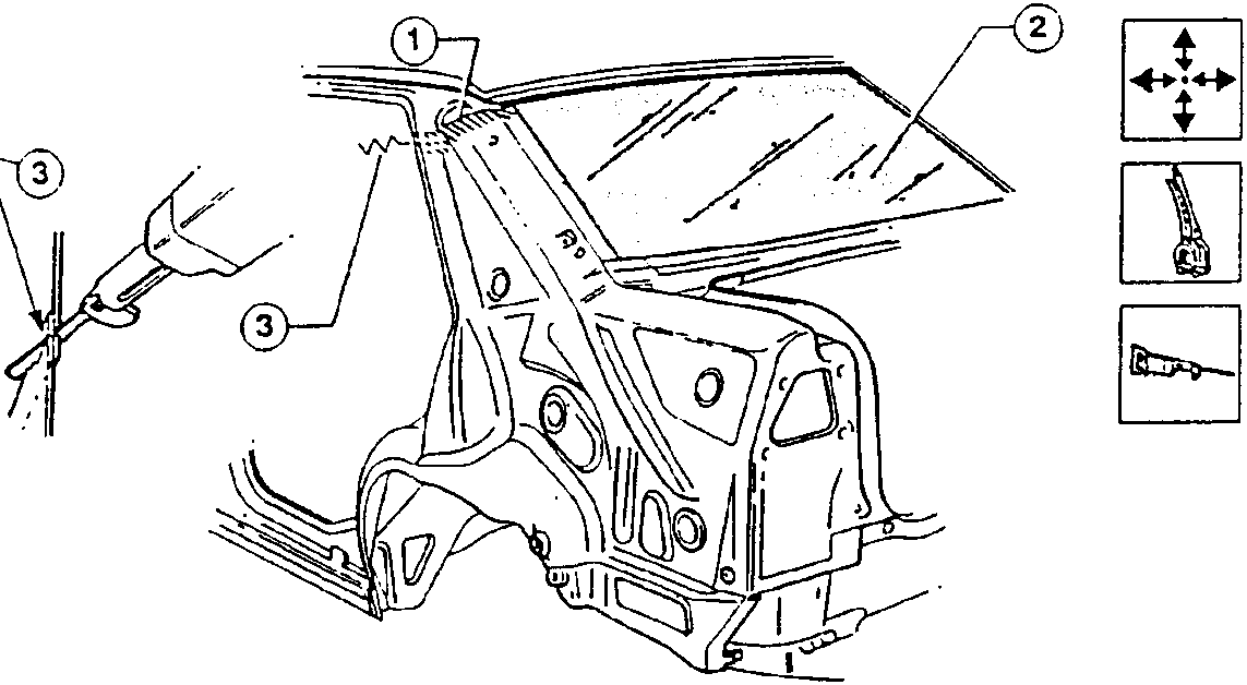 Illustration showing rear side panel positioning with windscreen alignment guide and tools for trimming and securing components.