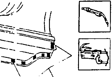 Illustration showing spot welding operation with tool orientation and component alignment.