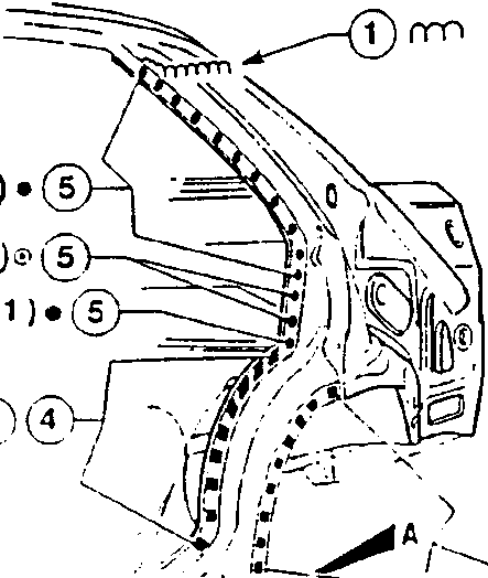 Detailed illustration of welding seam with multiple weld passes, part numbers, and dimensional markings.