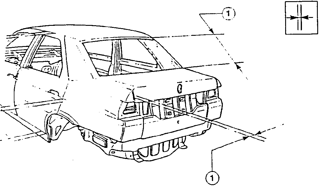 Car body diagram showing alignment checks with arrows and reference points marked as (1)