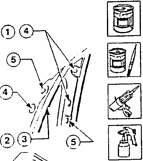 Diagram showing application of sealant and tools including a can, brush, spray gun, and spray bottle