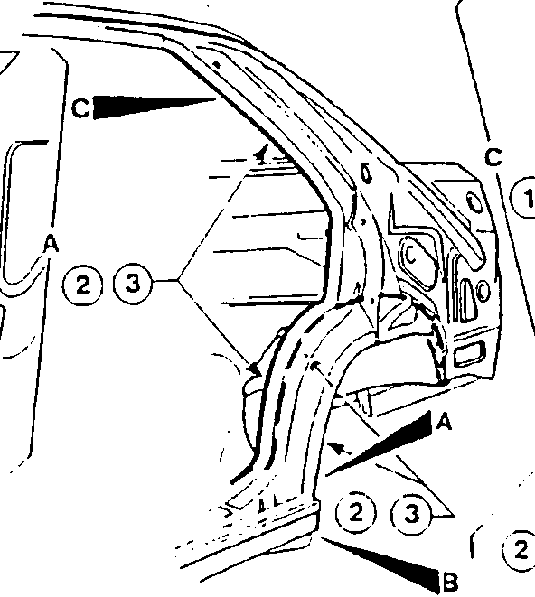 Detailed diagram of car door frame with labeled sections A, B, C and numbered parts 1 through 5