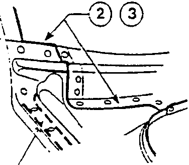 Close-up diagram showing application points for sealant on a car body joint, with callouts 2 and 3.