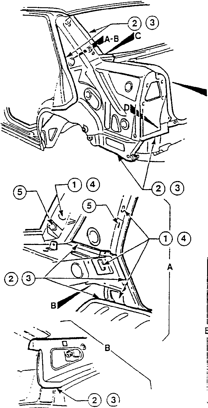 Diagram showing areas for rust-proofing and protection on a car body part, with callouts A-B, C, D, E, 1, 2, 3, 4, 5.