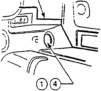 Diagram showing application points for sealant on a car door hinge area, with callouts 1 and 4.