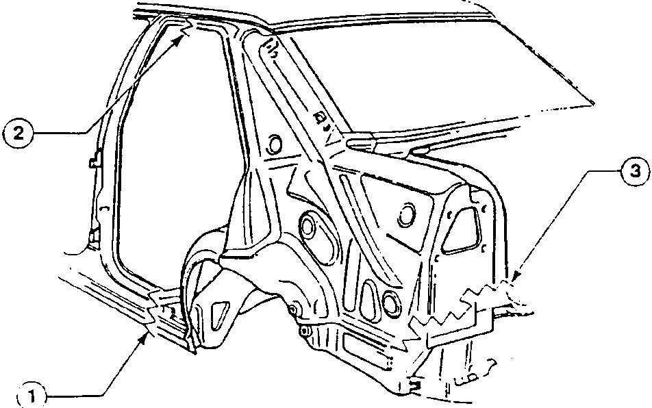 Diagram showing numbered parts 1, 2, and 3 on a car frame
