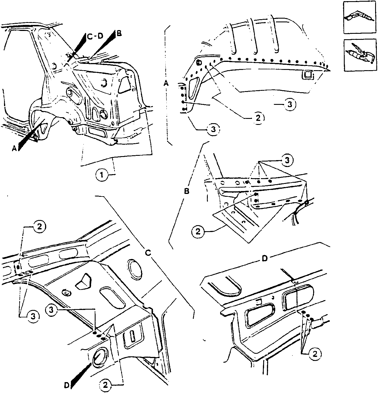 Diagram showing weld removal points on a vehicle body frame, labeled A, B, C-D, and numbered 1, 2, 3.