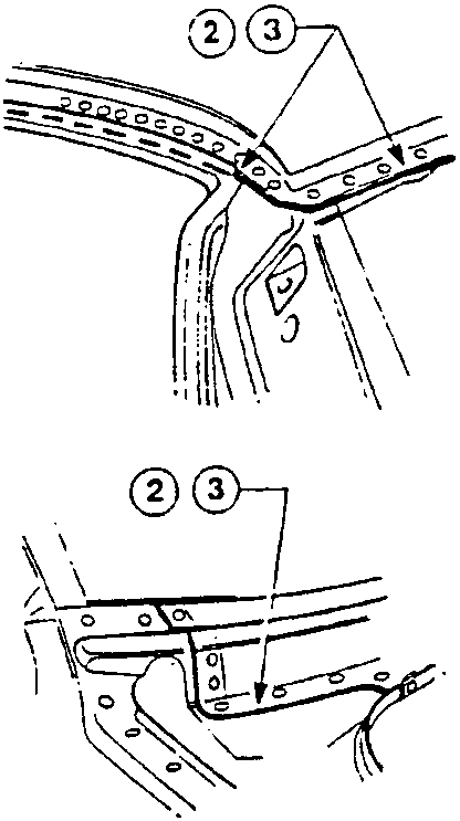 Illustration showing application of sealant to a joint area on a car body part, with numbered callouts 2, 3