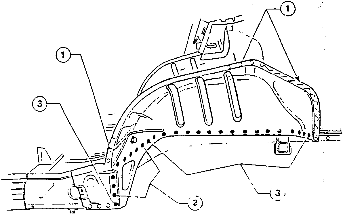 Diagram showing weld points and discharge cut on rear side panel