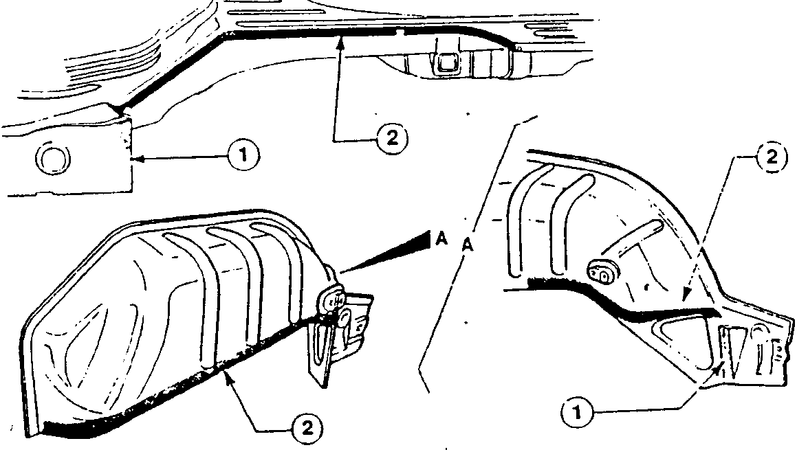 Diagram showing wheel housing with parts labeled 1 and 2, and a weld line marked A.