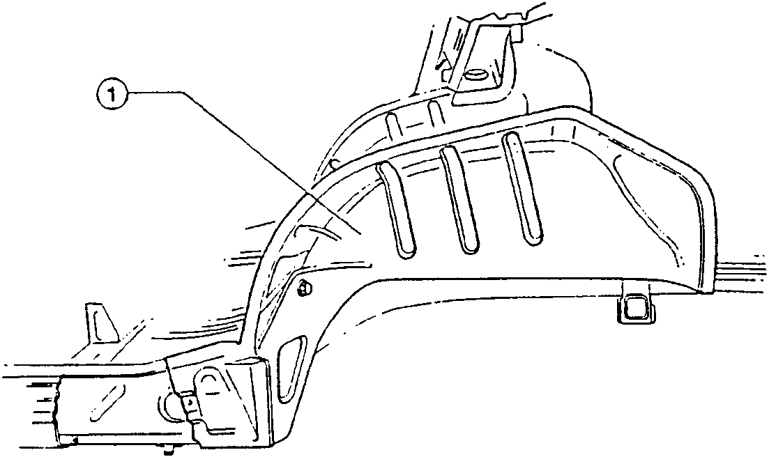 Diagram showing the new wheel housing positioned on the vehicle with part 1 indicated.
