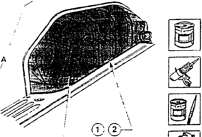 Illustration showing a close-up of a vehicle's underbody section with soundproofing material applied, marked with reference numbers ①, ②, and labeled F2.