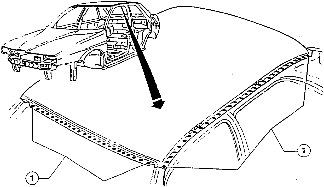Car with roof panel being removed, showing welds and tools