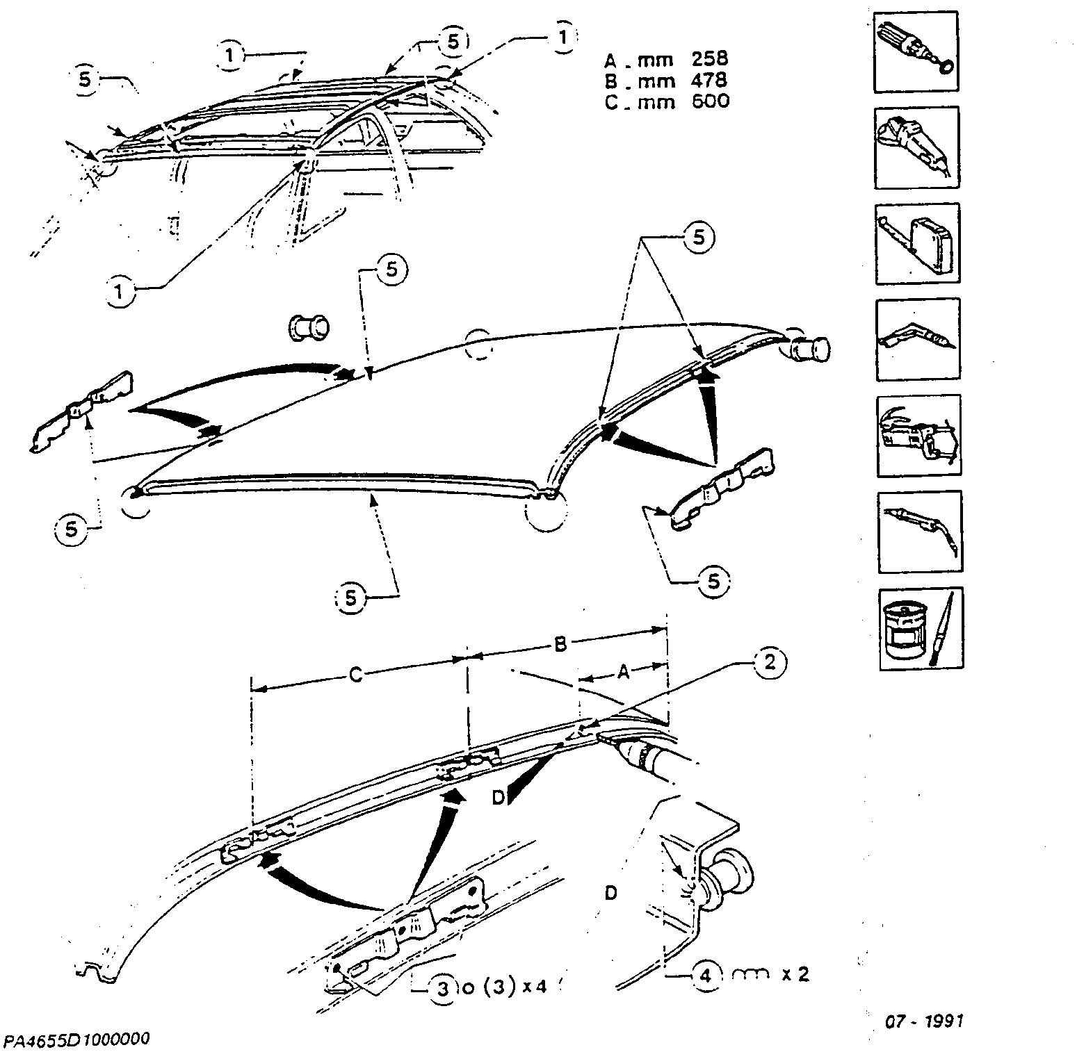 Roof panel replacement: positions of the roof-rack brackets and pins (A = 258 mm, B = 478 mm, C = 600 mm) and areas for electroweldable paste
