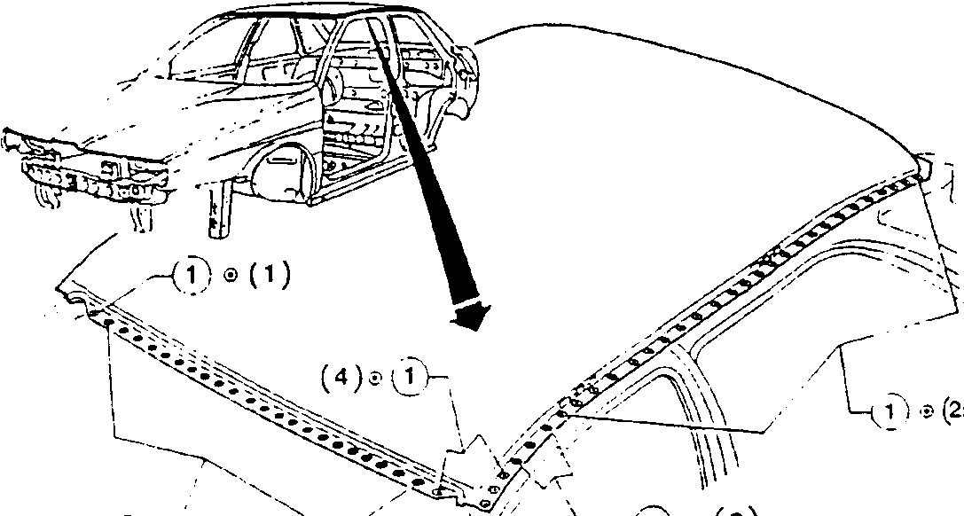 Illustration showing spot welding along the perimeter of the roof panel with weld points marked.