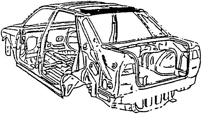 Car body with doors, trim, and windshields removed, showing upper rear cross-member area.