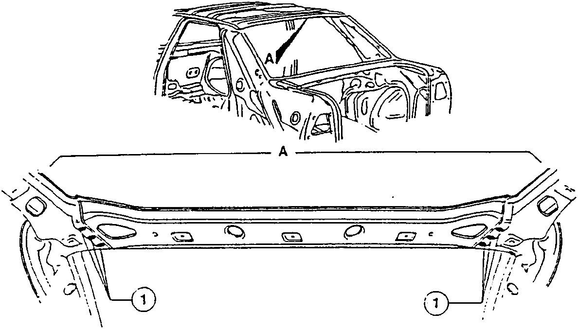 Diagram showing upper rear cross-member (labeled 'A') being removed from car body, with welds indicated and tools shown in inset.