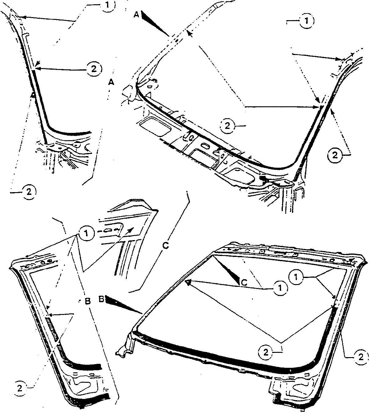 Illustration showing windscreen frame and vehicle with marked areas for rust-proofing and electroweldable protection