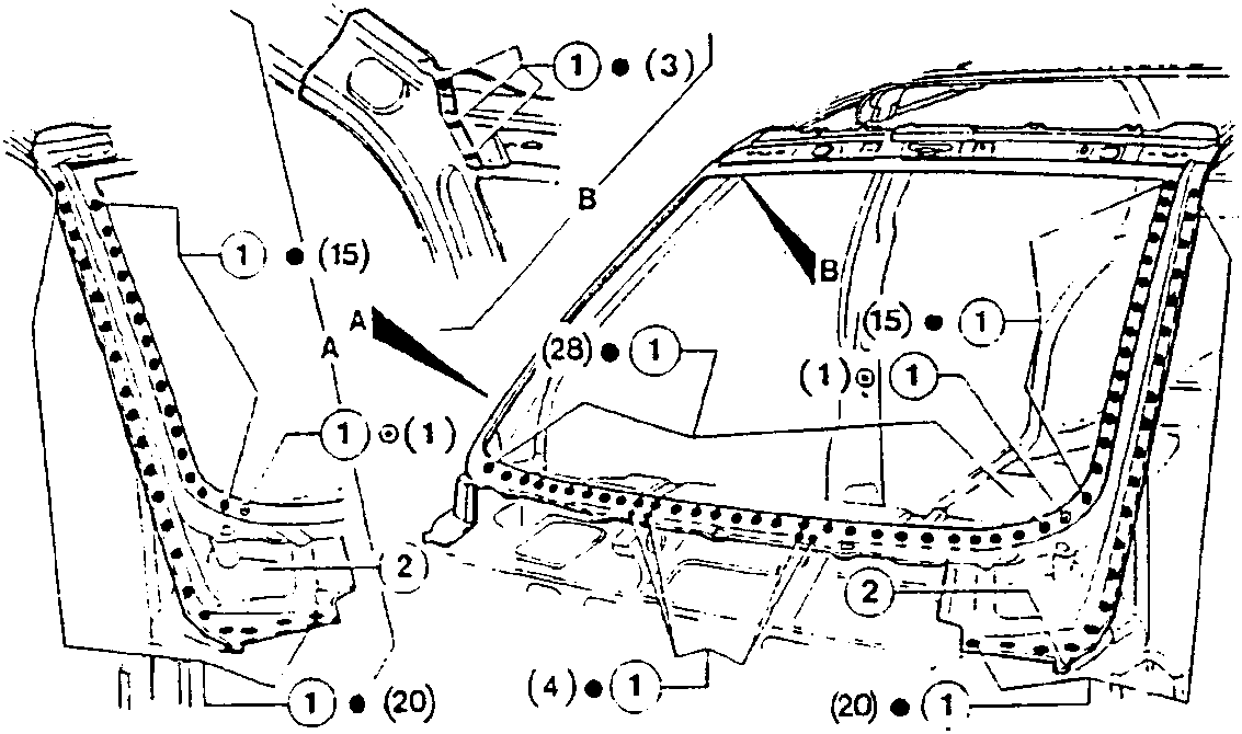 Detailed view of windscreen frame welding points and clinching tabs