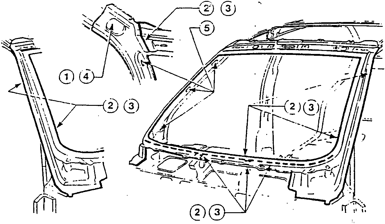 Diagram showing windshield and door frame with numbered parts